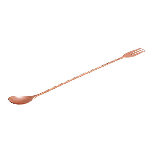 Professional copper plated cocktail spoon with 5ml spoon at one end and fork at other end for picking up garnishes.