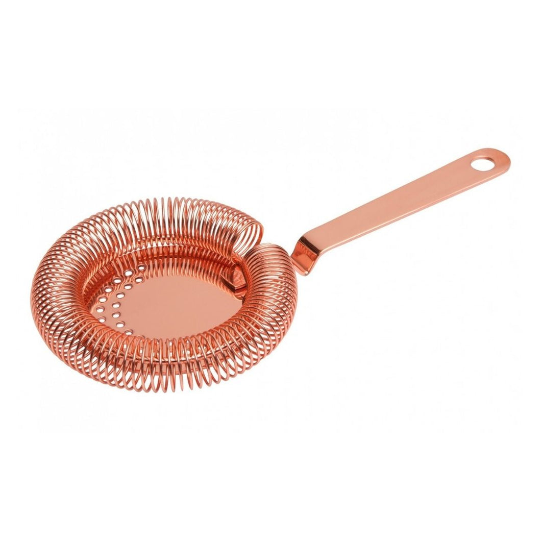 Copper plated cocktail strainer with high polished finished.  Spring coil to collect any rogue pieces of ice or garnish.  Professional barware.